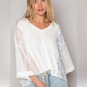 POL White Mixed-Media V-Neck Top with Blue Floral Panel